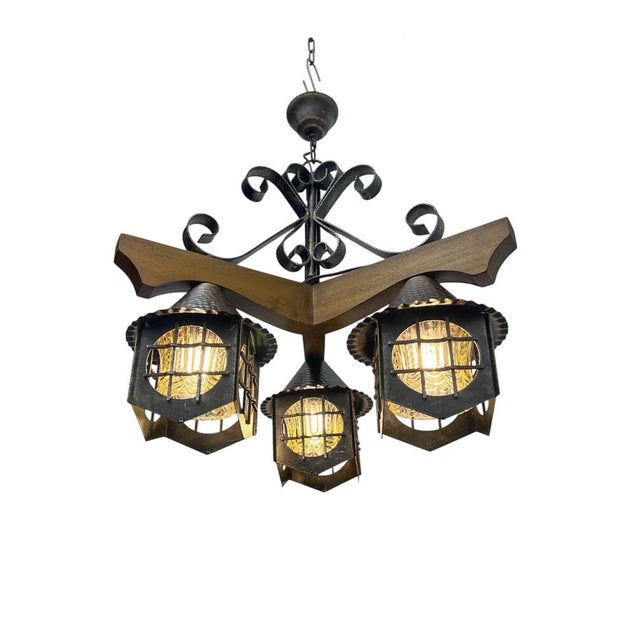 Mid-Century Modern Wrougt Iron and Wood Pendant Lamp, 1970s For Sale - Image 9 of 12