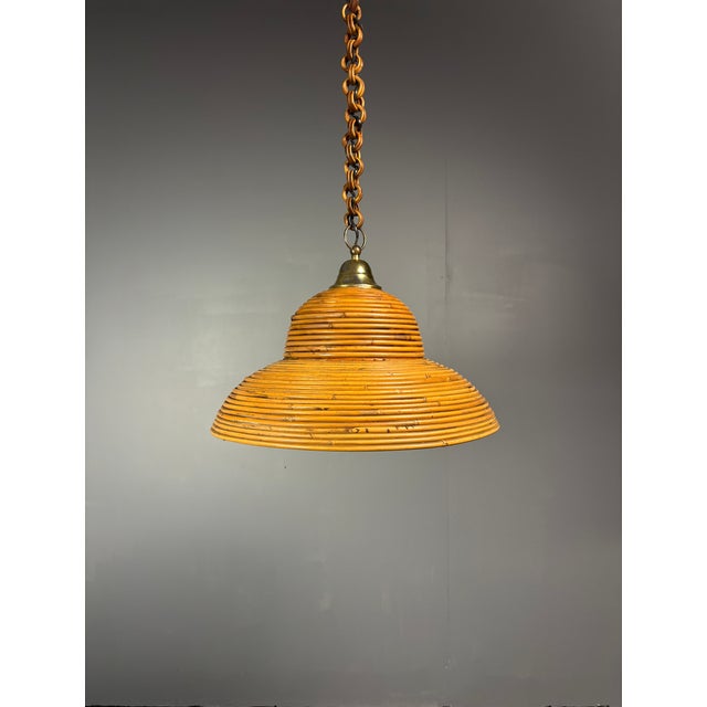 Mid-Century Italian Pencil Reed Rattan Bamboo and Brass Pendant Lamp, 1970s For Sale - Image 12 of 17