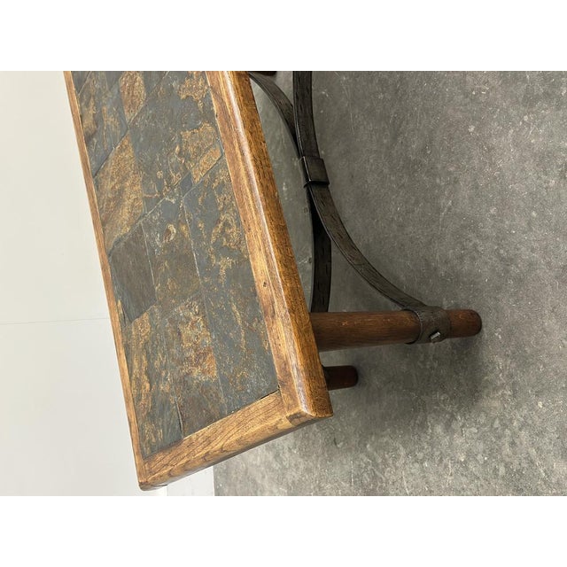 Industrial French Slate and Oak Coffee Table with Sculptural Iron Base, 1960s For Sale - Image 3 of 15