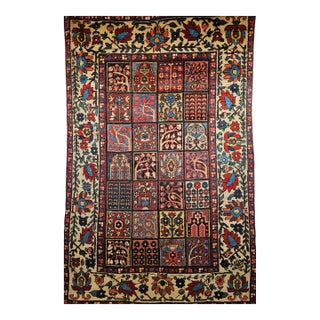Vintage Persian Bakhtiari Rug, Allover Garden Panel Pattern, Pale Yellow & Red, 5’ X 7’ For Sale