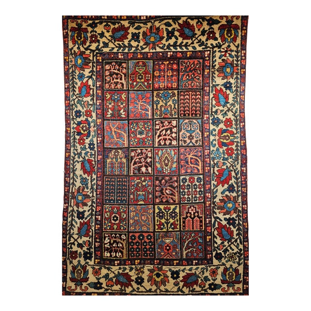 Vintage Persian Bakhtiari Rug, Allover Garden Panel Pattern, Pale Yellow & Red, 5’ X 7’ For Sale
