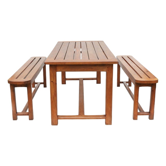 Vintage French Provincial Slatted Pine Outside Dining Table, 1980 For Sale