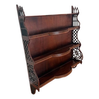 Late 20th Century Gothic Chippendale Style Mahogany Wall Etagere With Pierced Fretwork For Sale