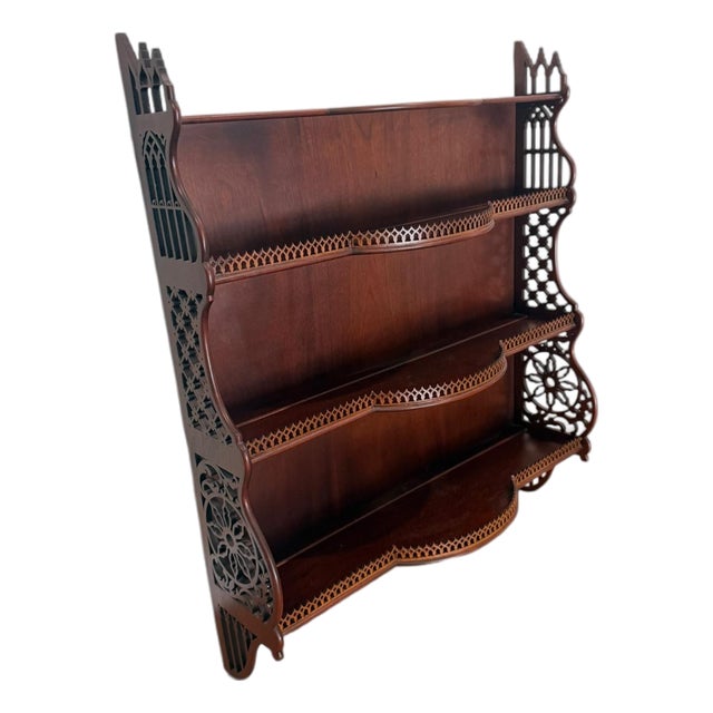 Late 20th Century Gothic Chippendale Style Mahogany Wall Etagere With Pierced Fretwork For Sale