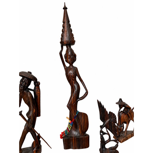 Wood Vintage Balinese-Style Carved Wood Figurative and Bird Sculptures — Set of 4 For Sale - Image 7 of 10