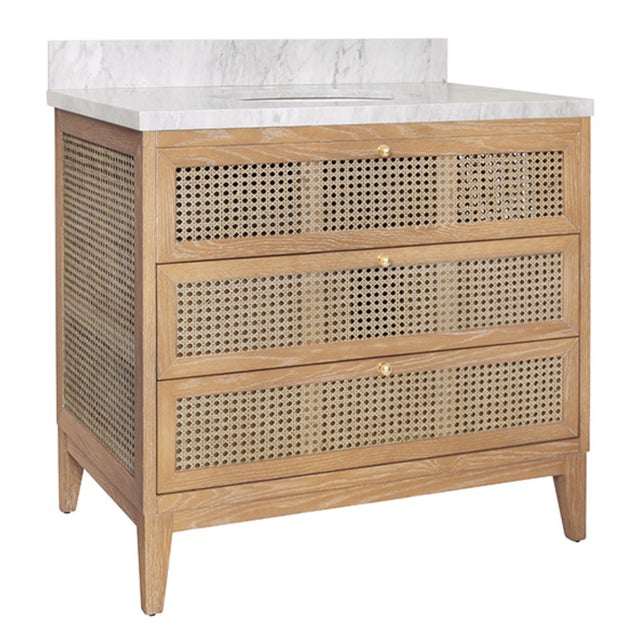 Contemporary Matthew Izzo Home Wynn Cerused Oak Single Porcelain Sink Bath Vanity With Carrara Marble Top, 3 Caned Drawers and Brass Knobs For Sale - Image 3 of 10
