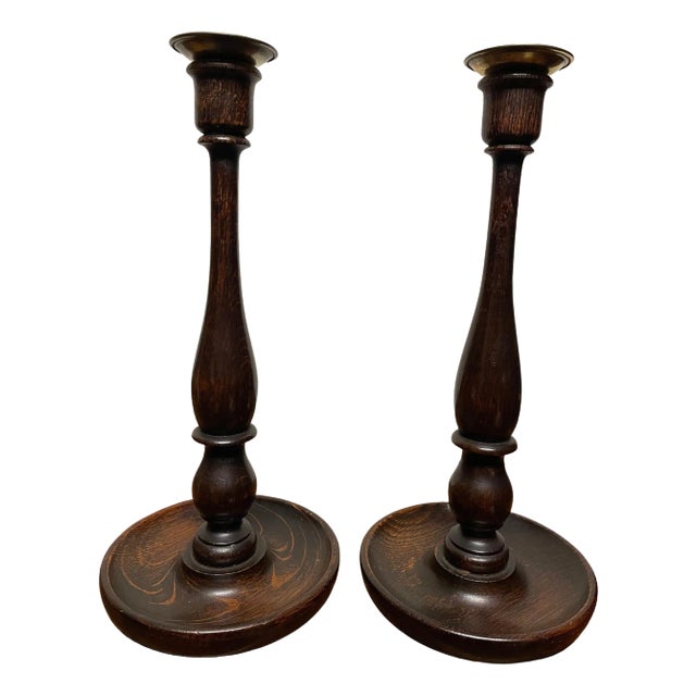 Pair English Turned Elm and Brass Candlesticks, Circa 1900 For Sale