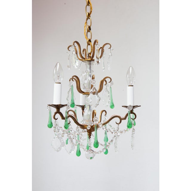 Metal Antique French Chandelier with Bronze Drops and Green Crystal, 1960s For Sale - Image 7 of 9