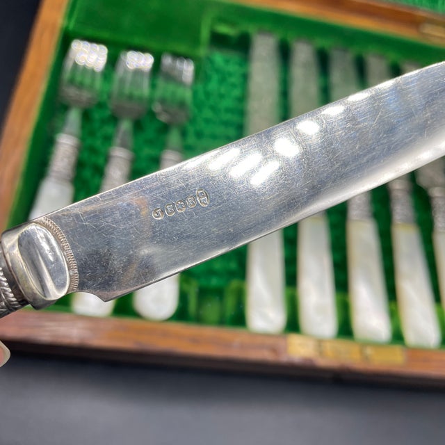 Metal Late 20th Century Mother of Pearl Handled Dessert Serviced for 6 w/ oak box English Manor - 12 pcs For Sale - Image 7 of 11