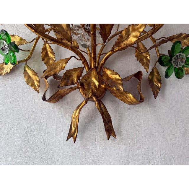Maison Baguès Style 3 Lights Green Crystal Flowers Tole Bow Sconces, Circa 1940 For Sale - Image 13 of 13