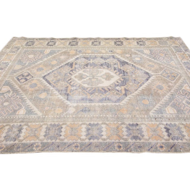 1960s 1960s Vintage Persian Distressed Handmade Geometric Gray Wool Rug For Sale - Image 5 of 7