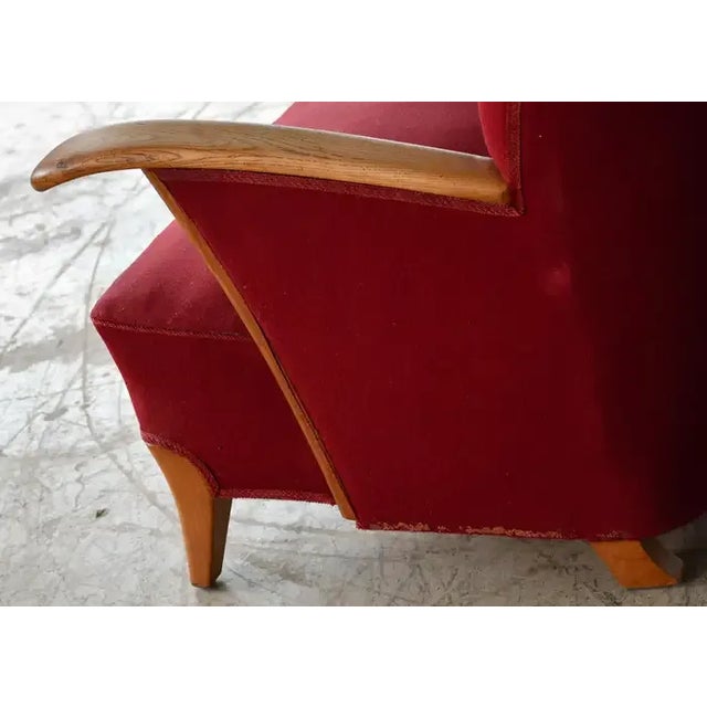 Scandinavian Lounge Chair With Oak Armrest Conical Legs Red Wool, 1940's For Sale - Image 9 of 9