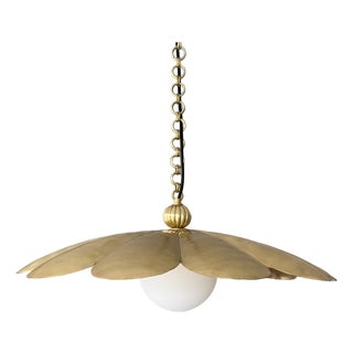 Pure Brass Handmade Pendant Light, Brushed Brass Flower Chandelier, Milk Glass Globe Pendant Lamp, Floral Lighting Fixture For Sale