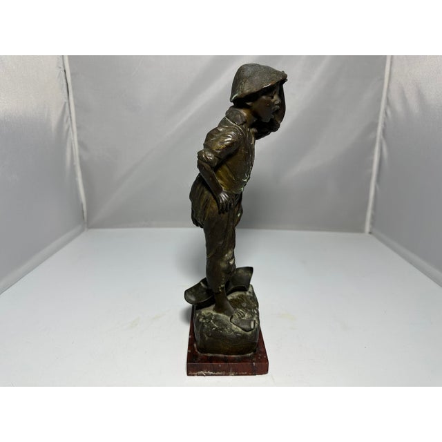 Bronze Bronzed Spelter Boy Figurine on Marble Base - Continental Antique For Sale - Image 8 of 10