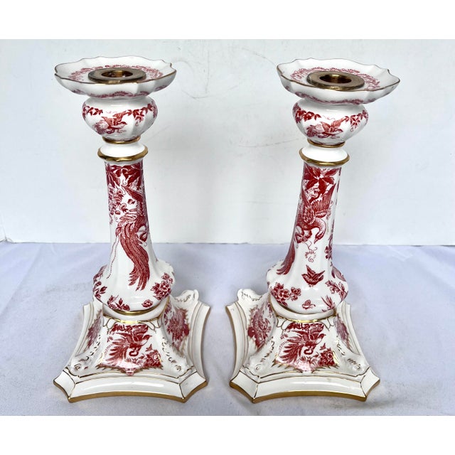 1981 Royal Crown Derby "Red Aves" Fine Bone China Candlesticks - A Pair For Sale - Image 10 of 18