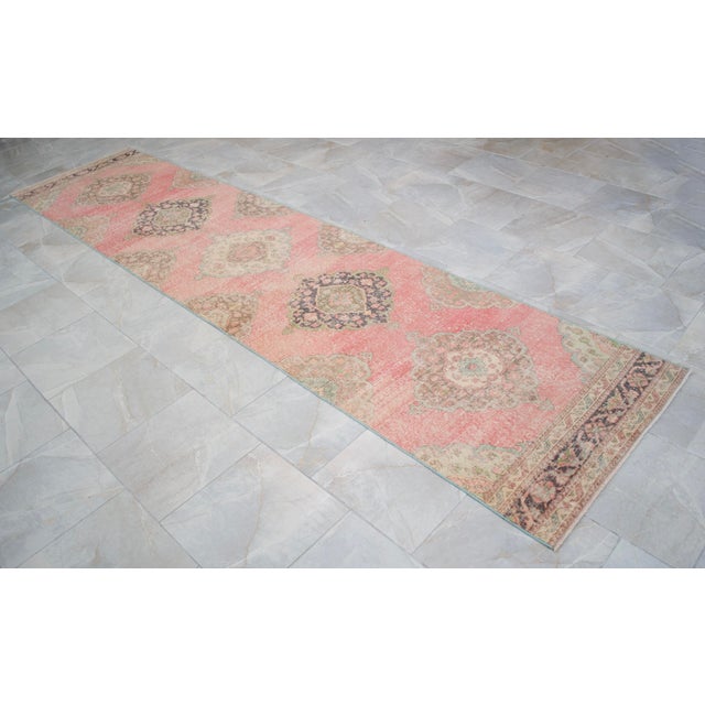 Textile Long Turkish Hallway Runner 3x13, Muted Pink and Green Oushak Rug, Hand Knotted Vintage Runner, Mid-Century Entryway Rug For Sale - Image 7 of 15