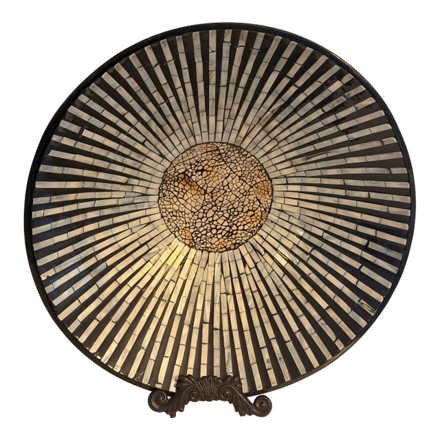Large Mother of Pearl Inlay Wood Centerpiece Bowl, Black Sunburst Mosaic For Sale