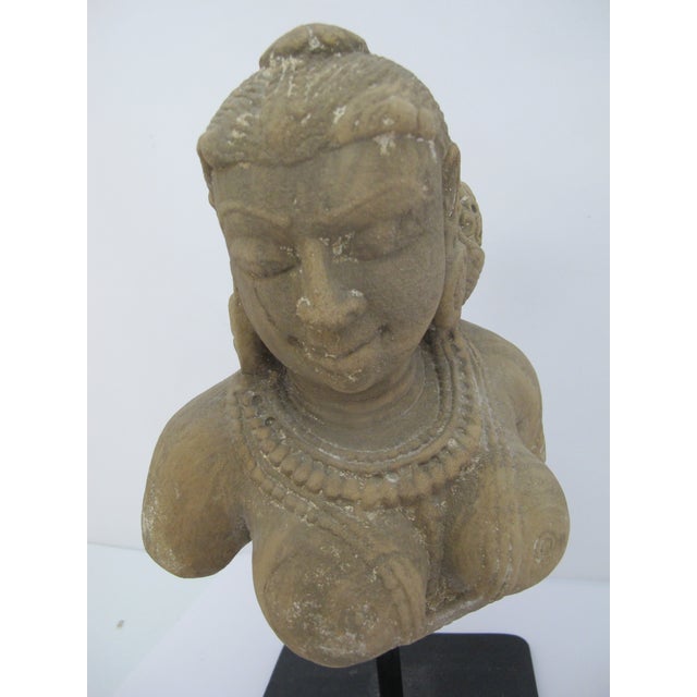 Early 20th Century Apsara Celestial Deity Carved Stone India Hindu Bust Sculpture Statue on Stand For Sale - Image 5 of 12