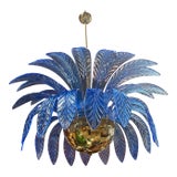 Italian Murano Blue Leaf Palm Chandelier With Brass Globe Base, 1970s For Sale