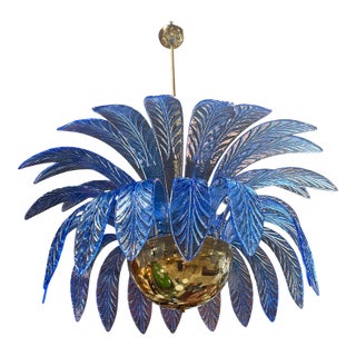 Italian Murano Blue Leaf Palm Chandelier With Brass Globe Base, 1970s For Sale