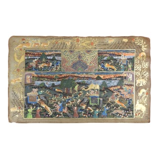 19th Century Mughal Miniature Painting Hunters Horses Lion Tiger Elephant For Sale