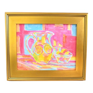 Colorful Impressionist Lemonade in Pitcher Painting Including the Antiqued Gold Wood Frame For Sale