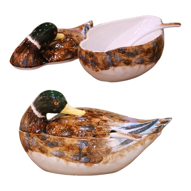 Late 20th Century Italian Majolica Duck Form Soup Tureen With Ladle For Sale