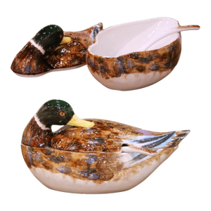 Late 20th Century Italian Majolica Duck Form Soup Tureen With Ladle