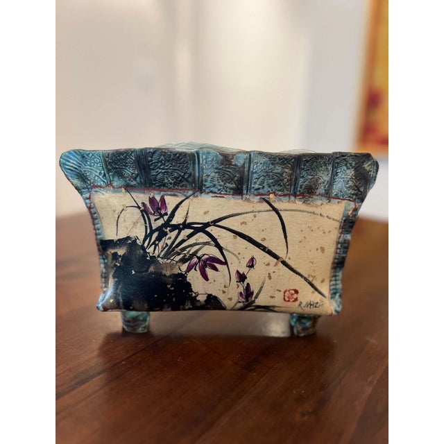 R. Maze Hand-Painted Ceramic Jardinière, “Orchids and Rocks,” 2012 For Sale - Image 4 of 8