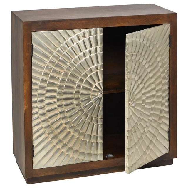 Modern Silver 2 Galvanized Overlay Doors Solid Wood Base Accent Cabinet Greece For Sale - Image 3 of 3