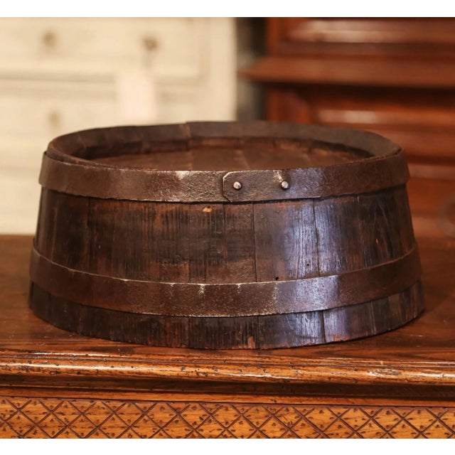 19th Century French Polished Iron and Oak Decorative Wine Barrel Top For Sale - Image 9 of 10