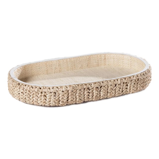 Reggio Loom Oval Raffia Tray with Leather Trim, Small For Sale