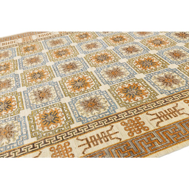 2020s 10x14 Hand-Knotted Modern Khotan Style Wool Area Rug – Geometric Earth Tones For Sale - Image 5 of 10