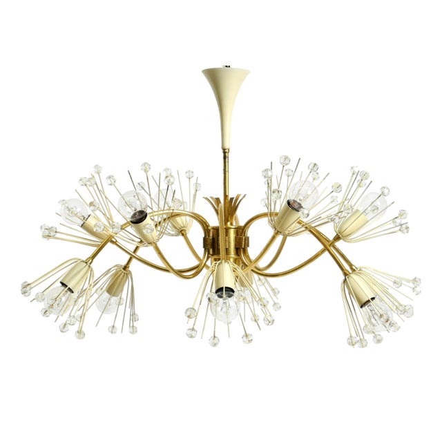 Mid-Century Modern Glass and Brass Chandelier by Rupert Nikoll, 1950s For Sale