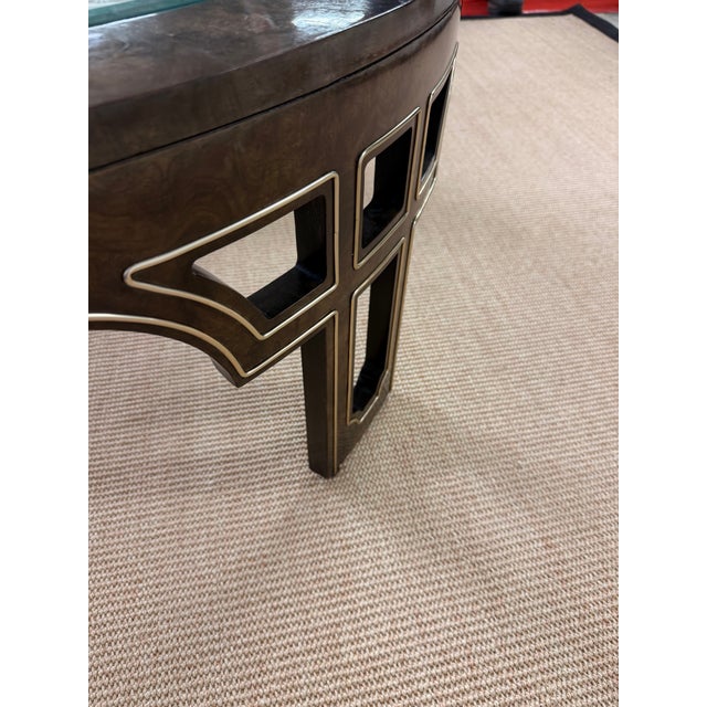 1970s 1970’s Ultra Rare Round Mastercraft Burled Glass Top Coffee Table With Intricate Recessed Brass Trim. For Sale - Image 5 of 12