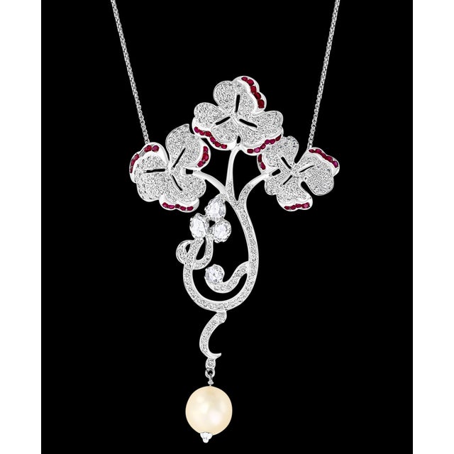 Pearl Ruby and Diamond Necklace and Earrings 18 Karat White Gold, Suite, Estate For Sale - Image 4 of 18