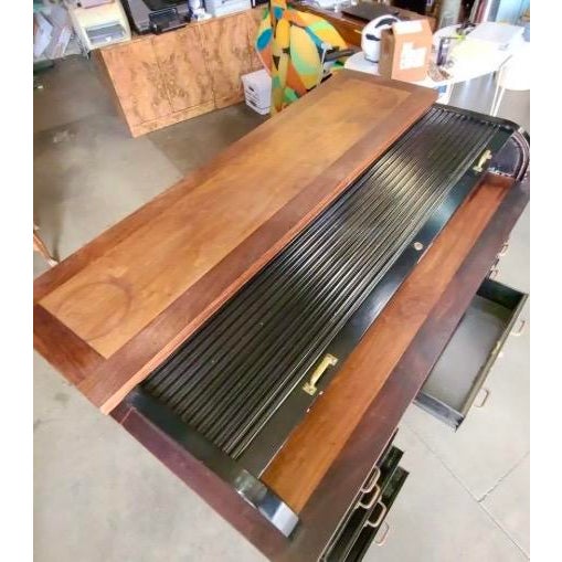 Mid century modern 1950 heavy industrial metal desk with functional roll top opens -to its orginal green green rubber flat...