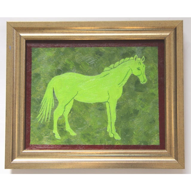 An elegant horse silhouette in shades of forest and lime greens with a burgundy border. Realism , Folk Art, English...