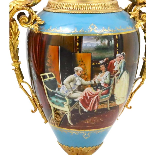 Large & Impressive Antique Dresden Porcelain Ormolu Mounted Hand-Painted Urn For Sale - Image 9 of 10