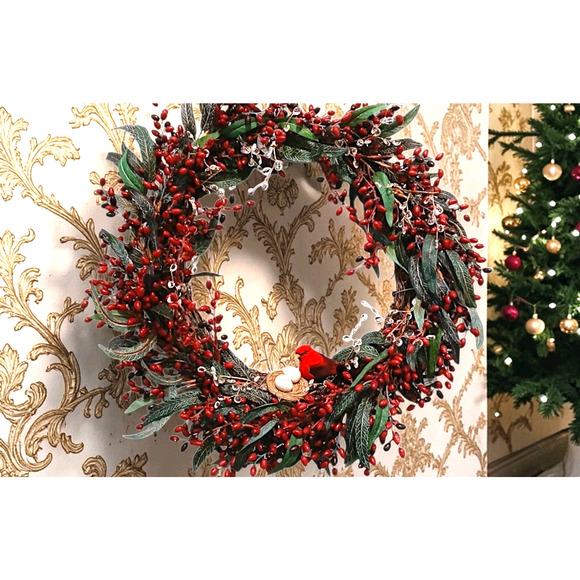 Winter Berries Door Wreath Realistic Red Cardinal‎ Egg Nest Holiday Ice Crystals For Sale - Image 10 of 15