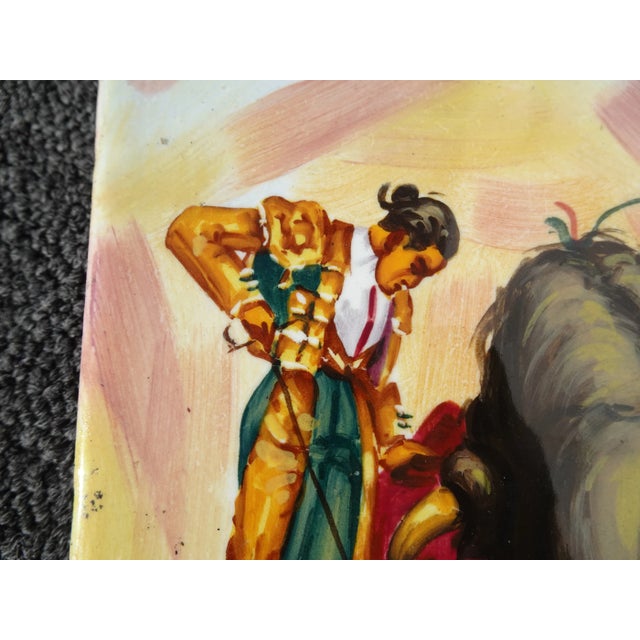 Yellow Vintage Hand Painted Tile Signed by H. Rico With Bull Fighter Matador and Bull For Sale - Image 8 of 12