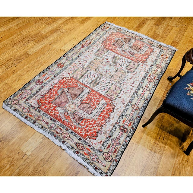 1900 - 1909 Vintage Persian Shahsavan Soumak Tribal Rug, Handwoven Wool & Silk, Geometric Pattern, Ivory & Red, 4x7 For Sale - Image 5 of 18