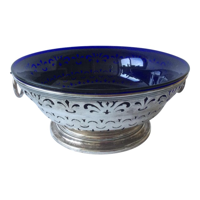 Antique Sheffield Silver and Cobalt Blue Bowl For Sale