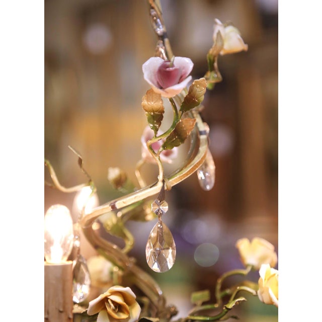 Early 20th Century Early 20th Century French Floral Porcelain and Crystal Five-Light Chandelier For Sale - Image 5 of 9