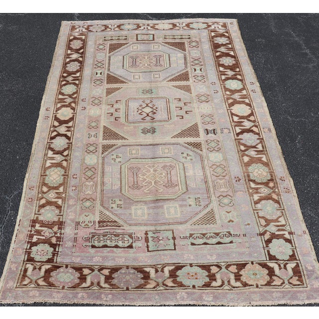 Vintage Turkish Oushak Rug With Tribal Geometric Medallions in Light Lavender For Sale - Image 14 of 16