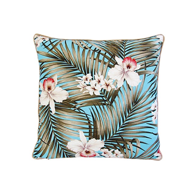 Early 21st Century Summer Blue/Teal Tropical Orchid & Palm Feather/Down Pillows 24" Square For Sale - Image 5 of 6