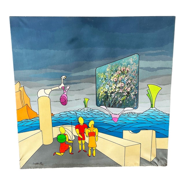 Vintage Italian Futuristic Surrealist Painting "Il Giardino-Degli Eletti" by Diego Cecchin (1987) For Sale