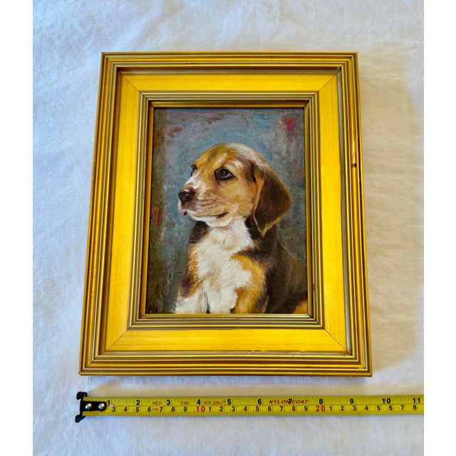 Contemporary Gold Wood Framed Oil on Board Portrait ÄúBeagle PuppyÄù Artist Signed Pm For Sale - Image 11 of 12