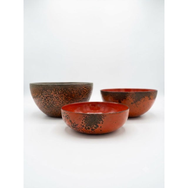 Hanova of Pasadena Rare Enameled Steel "Lava" Bowl - Rust/Orange 3pc Set For Sale - Image 4 of 8