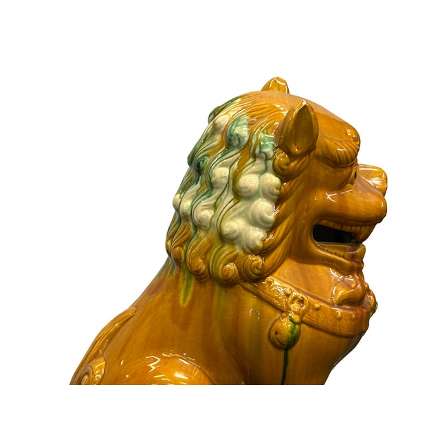 Pair Chinese Tri-Color Mustard Yellow Glaze Fengshui Lions Foo Dogs For Sale - Image 14 of 15